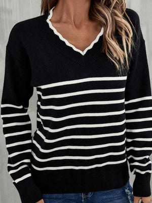 Stripes V-neck Color Matching Knitted Sweater