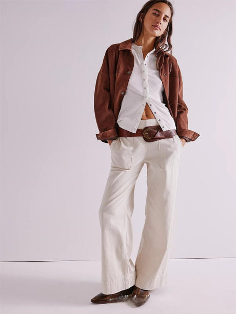 Straight-leg Pants With Contrasting Stitching Big Pocket Elastic Waistband Daily Work Jeans