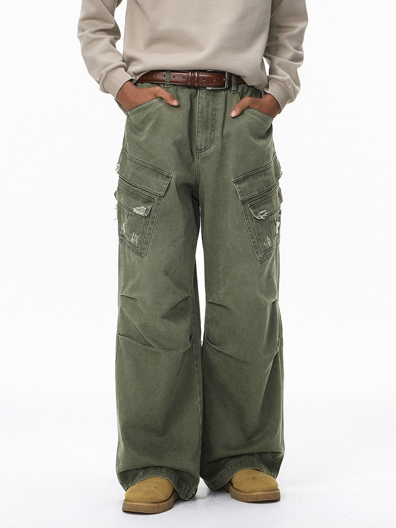 Washing Water Cut Multiple Pockets Old Tooling Casual Trousers