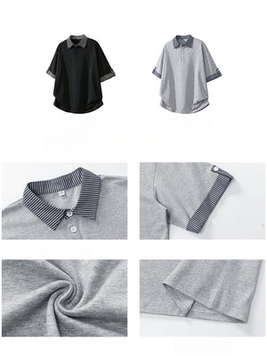 Color-blocked Layered-look Stripes Patchwork Polo Shirt