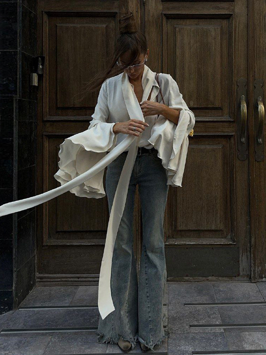 Elegant And Stylish Autumn New Style Ribbon Shirt With Ruffled Bell Sleeves