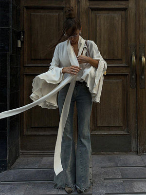 Elegant And Stylish Autumn New Style Ribbon Shirt With Ruffled Bell Sleeves