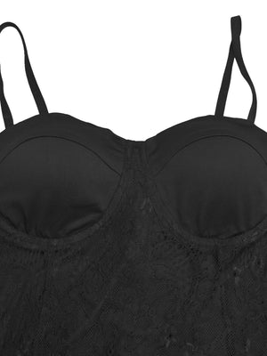 Abendkleid mit Spitzenbesatz, durchsichtiges rückenfreies Camisole, Maxikleid