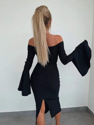 V-neck Flared Sleeves Off Shoulder Sexy Hip-hugging Dinner Cocktail Midi Dresses