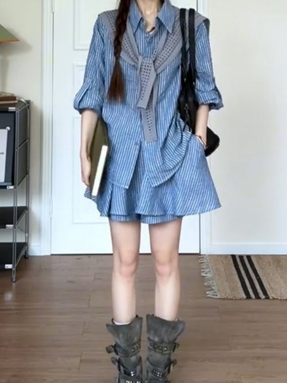 Korean Style Simple And Gentle Navy Striped Two-piece Set