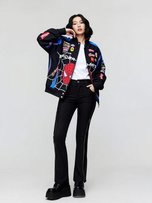 Black Sporty Spider Print Casual Long-Sleeve Motorcycle Style Jackets
