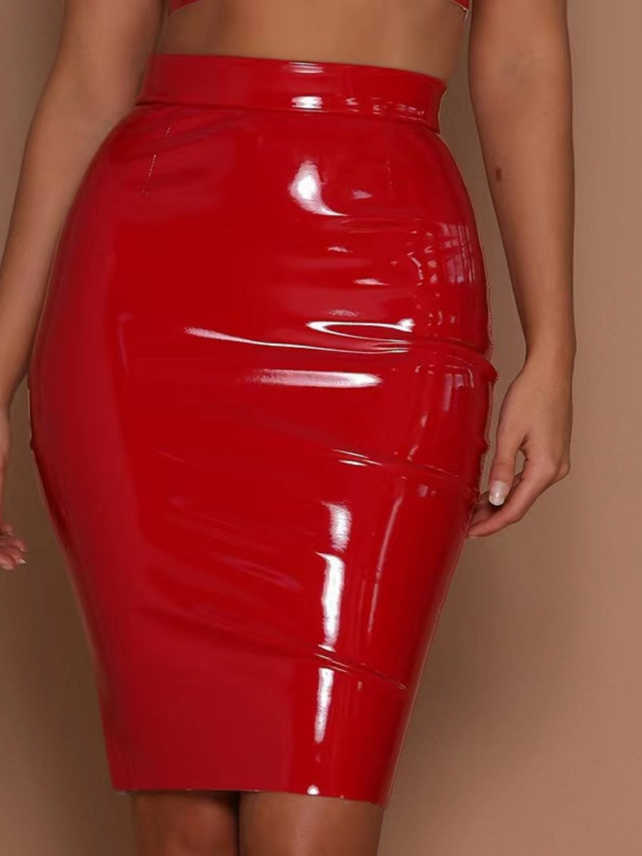 Jupes moulantes en cuir PU brillant, taille haute, fermeture éclair