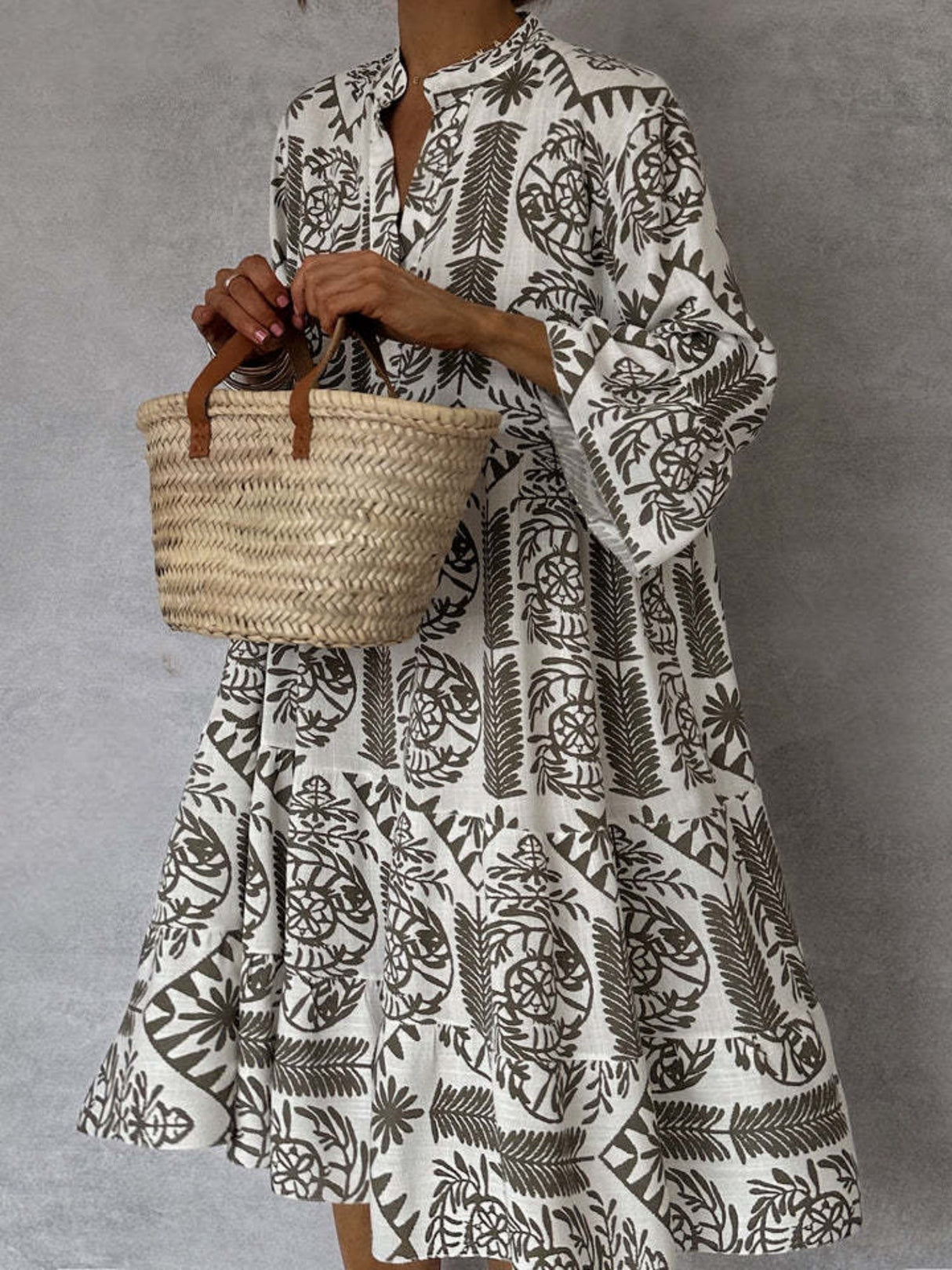 Floral Print Three-quarter Sleeves Shirt Dress