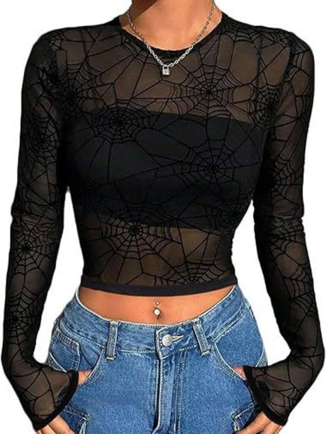 Mesh Transparent Flocking Printing Long-sleeved T-shirt