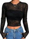 Mesh Transparent Flocking Printing Long-sleeved T-shirt