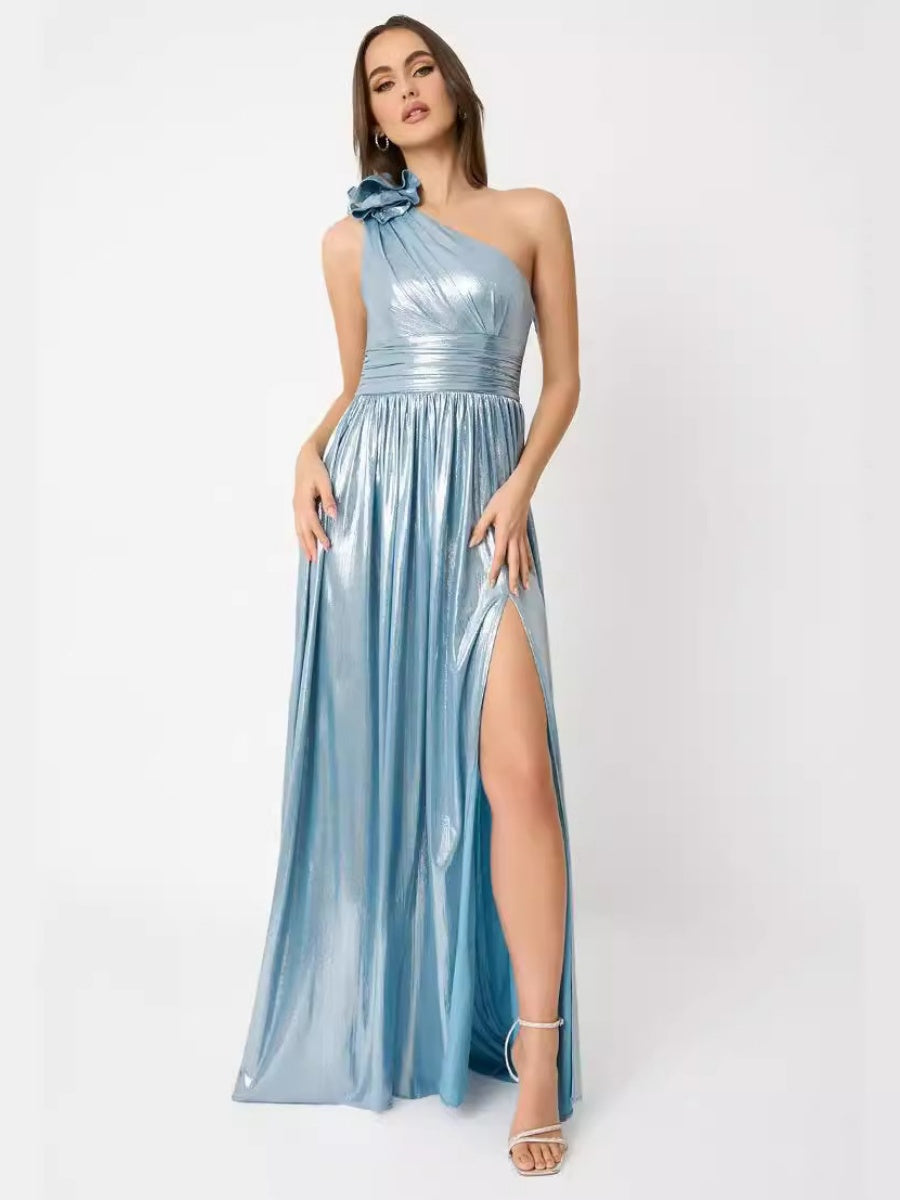 Metallic Sloping Shoulder Maxi Dresses