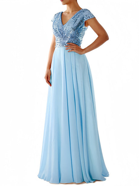 V-neck Sequins Spliced Long Dress