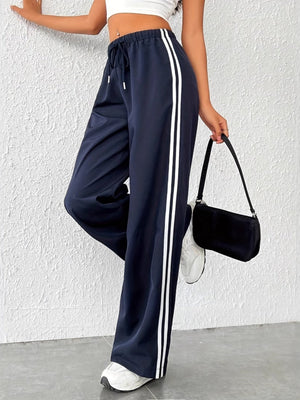 Side Stripes Elastic Waist Drawstring High Waist Casual Straight-leg Sports Trousers