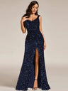 Dark Blue Sequined High Slit Maxi Dresses