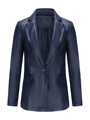 Single Button Pocket Solid Color Leather Jacket