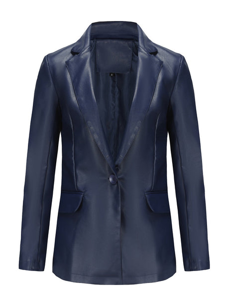 Single Button Pocket Solid Color Leather Jacket