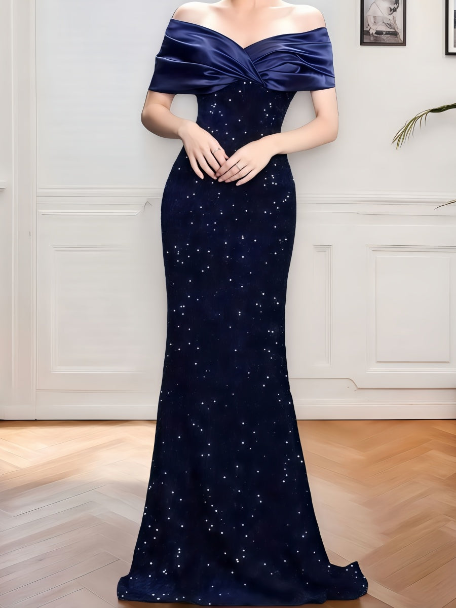 Off Shoulder Wrap hip Sequins Maxi Dresses