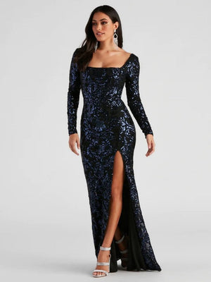 Liber Autumn women's sequins High slit Long-sleeved square-neck long dress