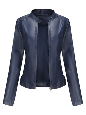 Street Cool Thin Stand Collar Zipper Leather Jacket