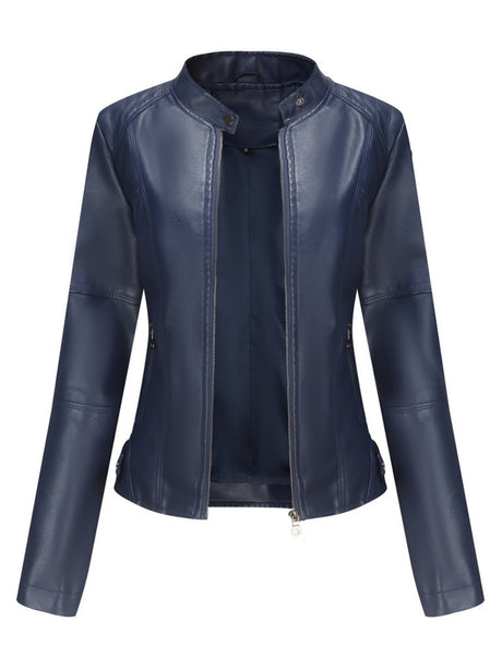 Street Cool Thin Stand Collar Zipper Leather Jacket