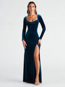 Square Neck Long-sleeved Velvet Strappy Backless Slit Formal Evening Midi Dress