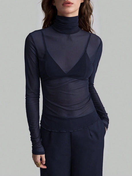 Headband Perspective Turtleneck Slim Fit Party And Nightclub Outfits With Mesh/see-through Tops
