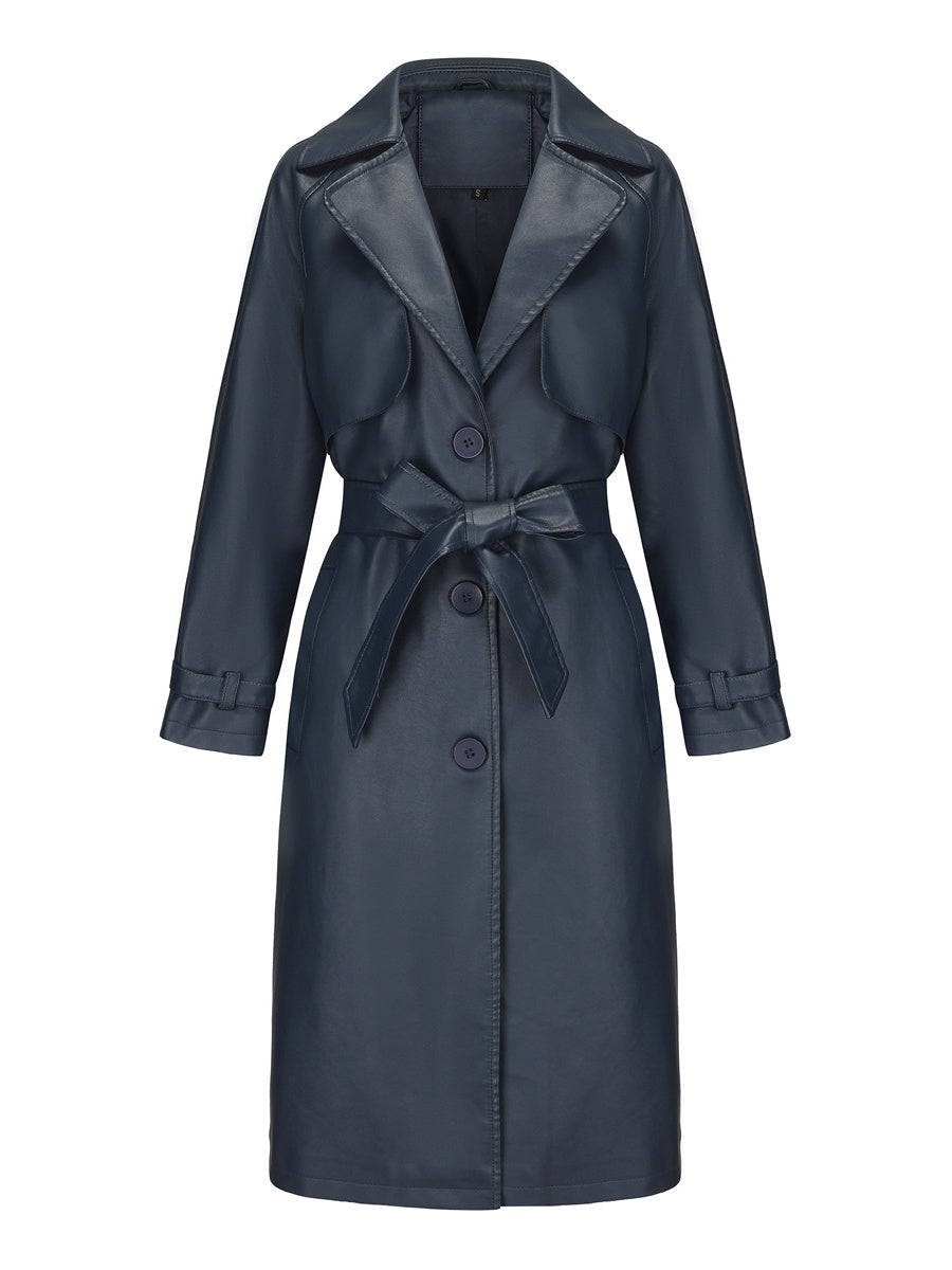 Long And Loose Lace Up Lapel Leather Jacket