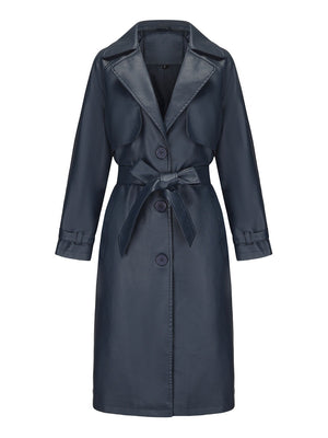 Long And Loose Lace Up Lapel Leather Jacket