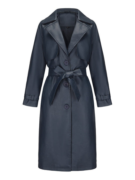 Long And Loose Lace Up Lapel Leather Jacket