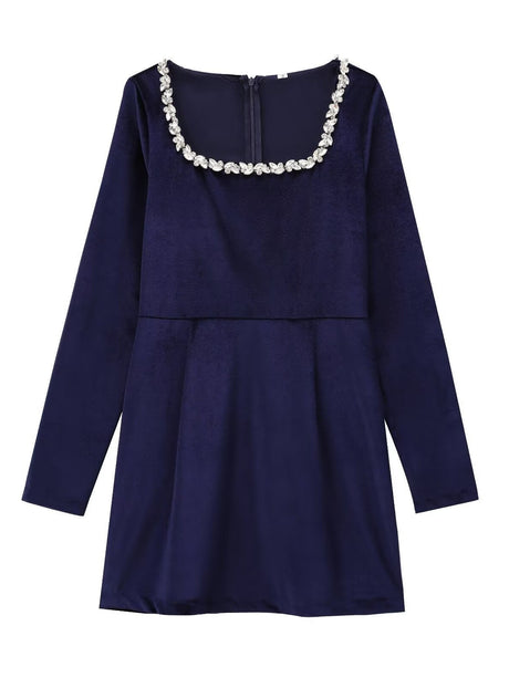 Square Collar Long Sleeve Diamond Velvet Mini&Short Dresses