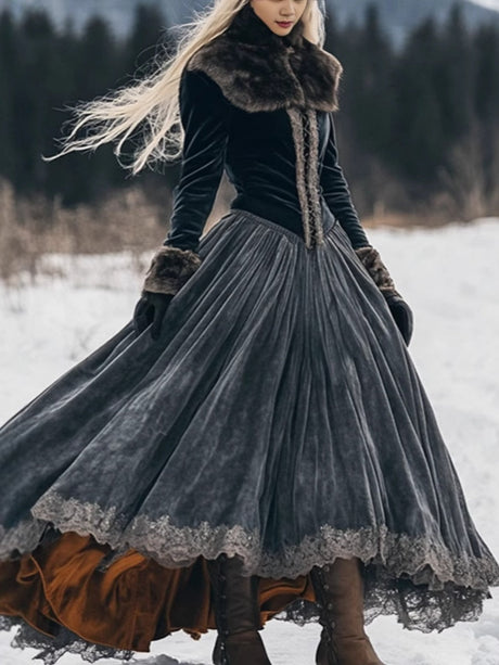 Velvet Navy Western Prints Fur Collar Flannel Thickened Long Dress