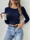 Lace Stitching Solid Color Crew Neck Long Sleeve Pit Strip T-shirts