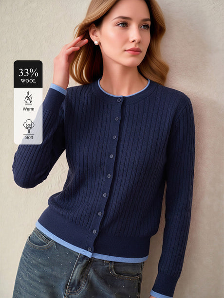 Crew Neck Striped Single-breasted Color-blocked Knit Cardigan
