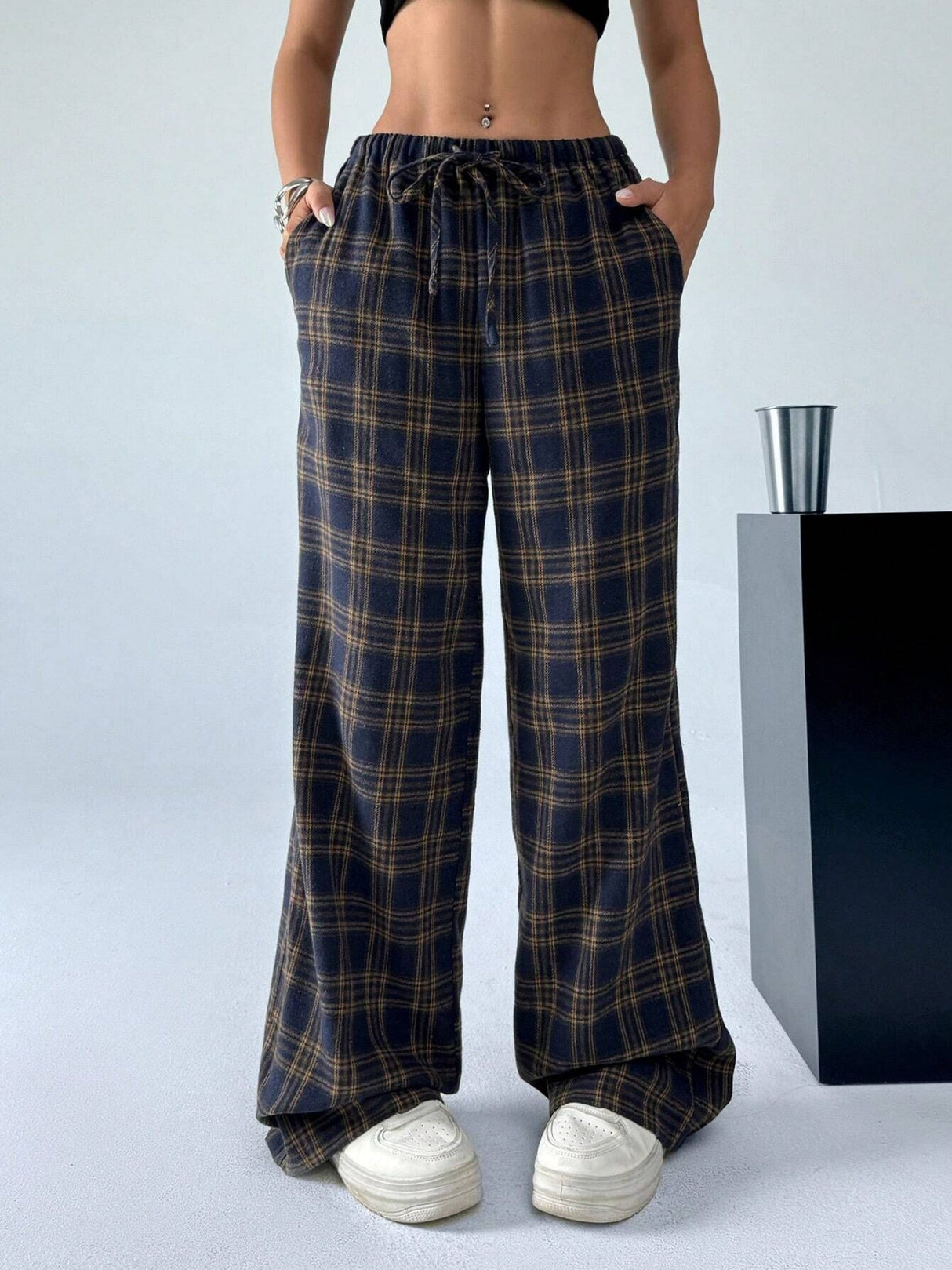 Plaid Lace-up Elastic Waist Straight-leg Pants Casual Christmas Everyday Pants