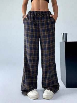 Plaid Lace-up Elastic Waist Straight-leg Pants Casual Christmas Everyday Pants