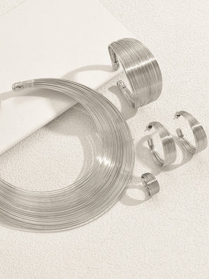 Multilayer Metal Geometric Lines Necklace And Earrings Bracelet Jewelry Sets