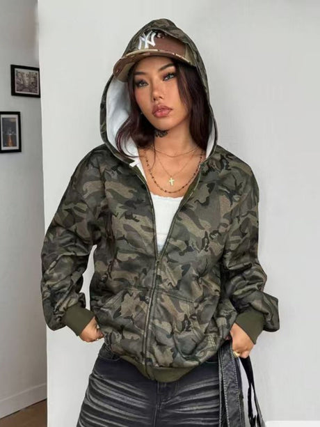 Cardigan Street Style Camouflage Full Print Hooded Jacket Loose Daily Casual Jacket