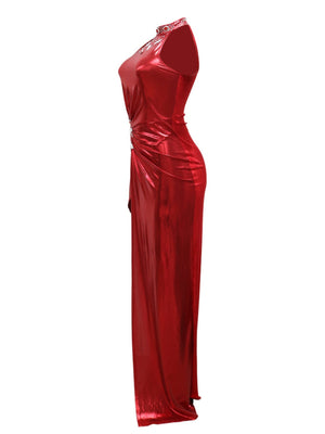 Robe de soirée brillante en velours sans manches à fente haute ornée de strass