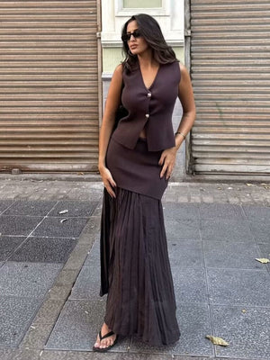 V-neck With Gold Buttons Vest Pleated Skirt 2-piece Sets