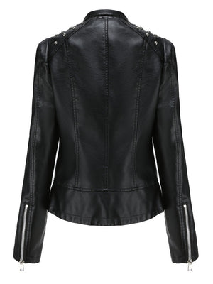 Cropped Zipper Pu Beading Jackets
