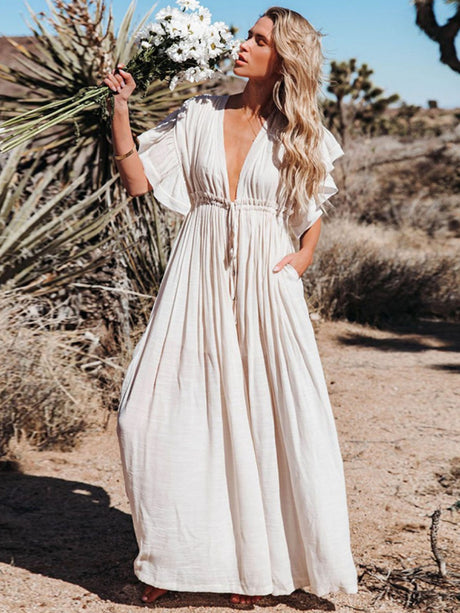Bamboo-joint Fabric Button Waist Rope Long Cardigan Vacation Beach Jacket Sun Protection Long Skirt Bikini Cover-up