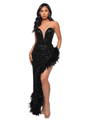 Deep V-neck Sheer Mesh Strapless Backless Sequined Feather Mini Dress