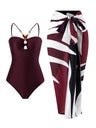 One-piece Swimsuit With Multi-colored Hollowed-out Gemstone Halter Straps, French Style.