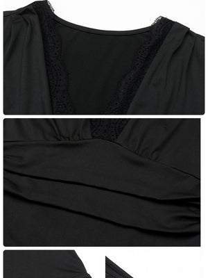 Elegant Long-sleeved Fitted Dress With Lace Trim Lace Jumpsuits&Bodysuits