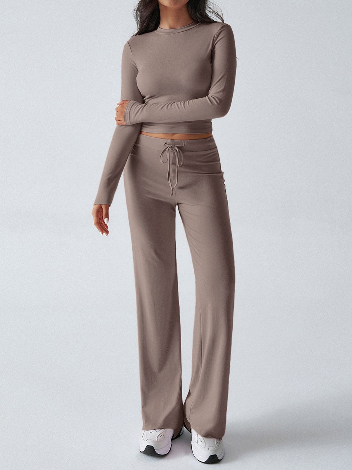 Casual Sporty Slim-fit Long-sleeved Top And Drawstring Trousers Two-piece Set