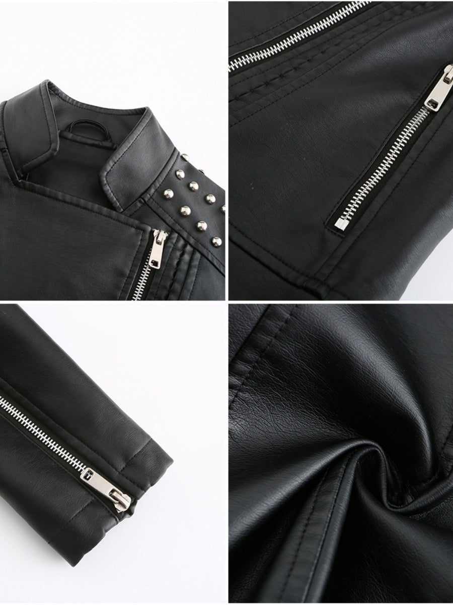 Cropped Zipper Pu Beading Jackets