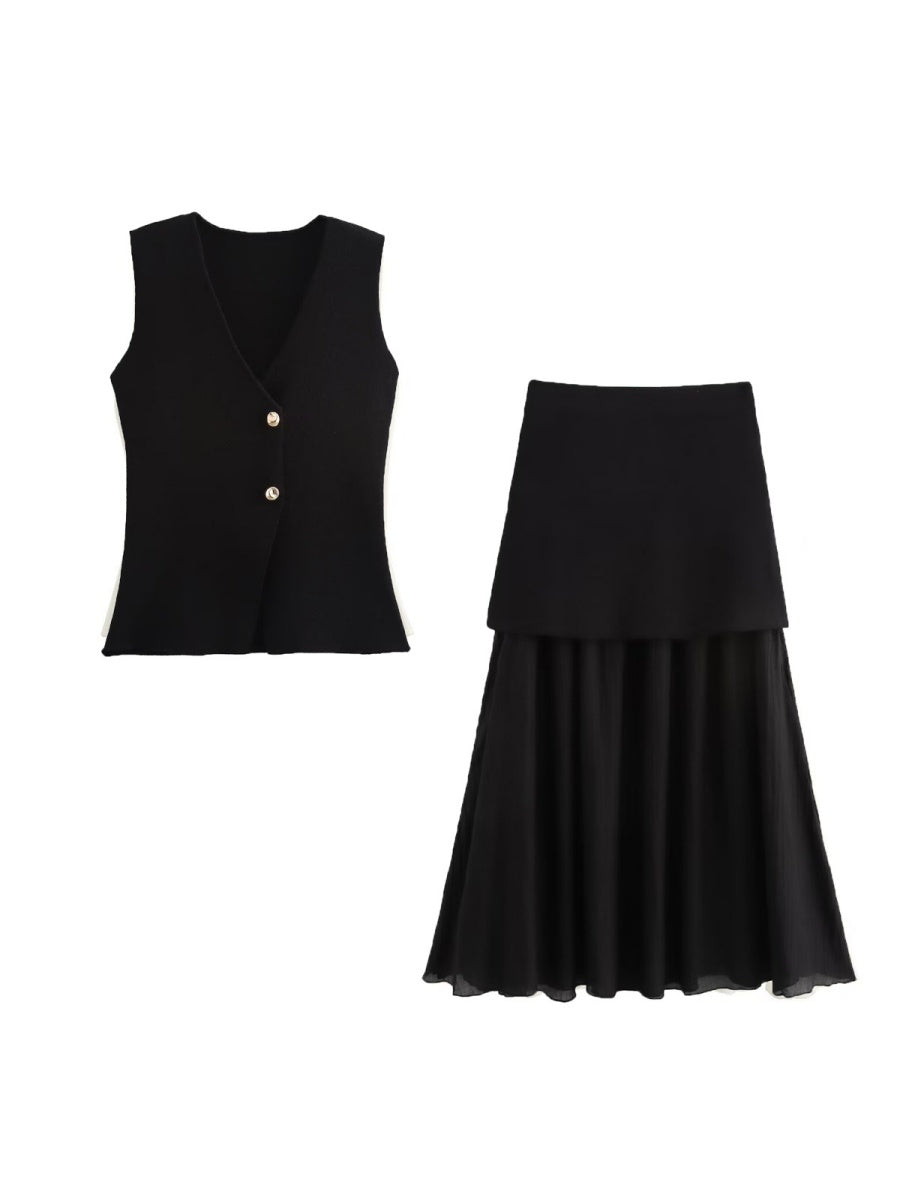 V-neck With Gold Buttons Vest Pleated Skirt 2-piece Sets