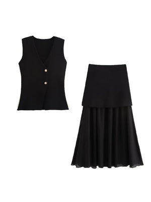 V-neck With Gold Buttons Vest Pleated Skirt 2-piece Sets