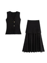 V-neck With Gold Buttons Vest Pleated Skirt 2-piece Sets