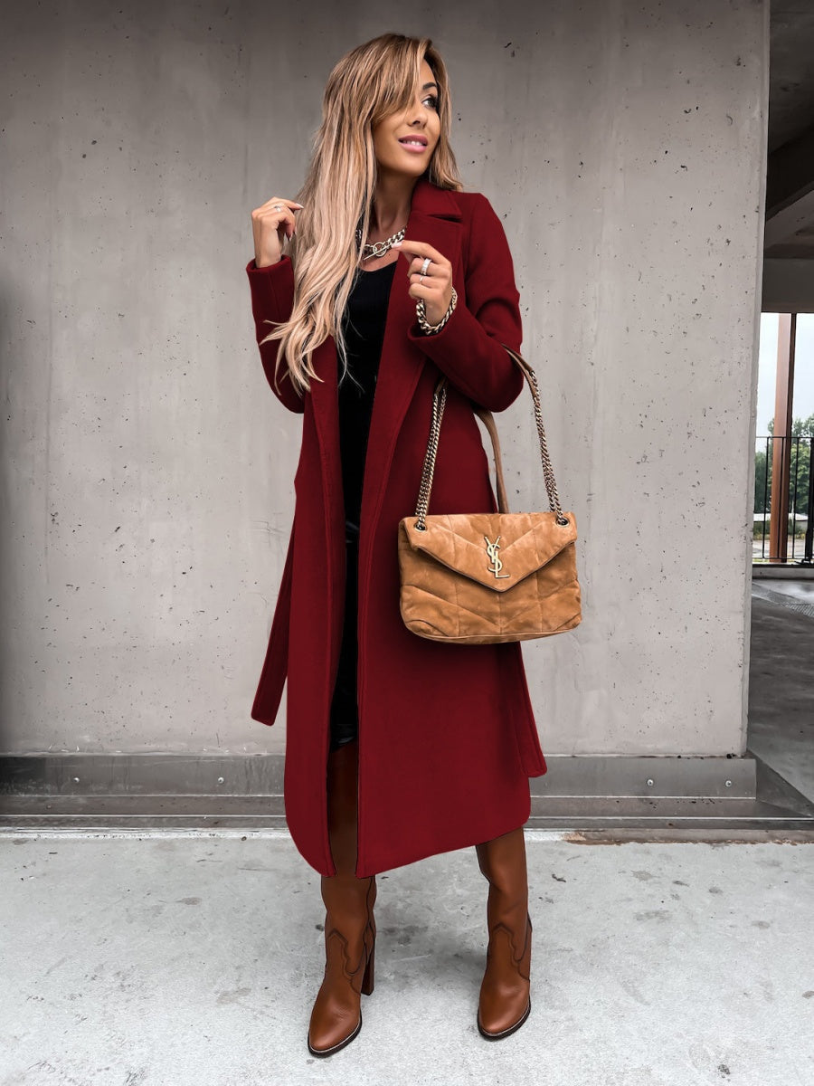 Solid Color Lapel Long Sleeve Woolen Simple Tie Coats